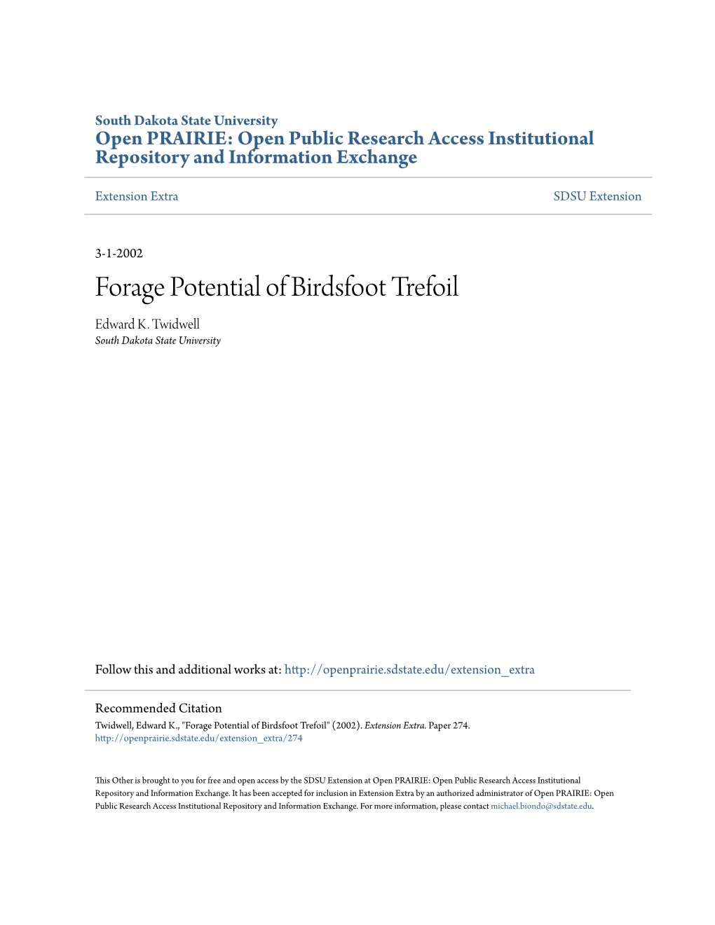 Forage Potential of Birdsfoot Trefoil Edward K