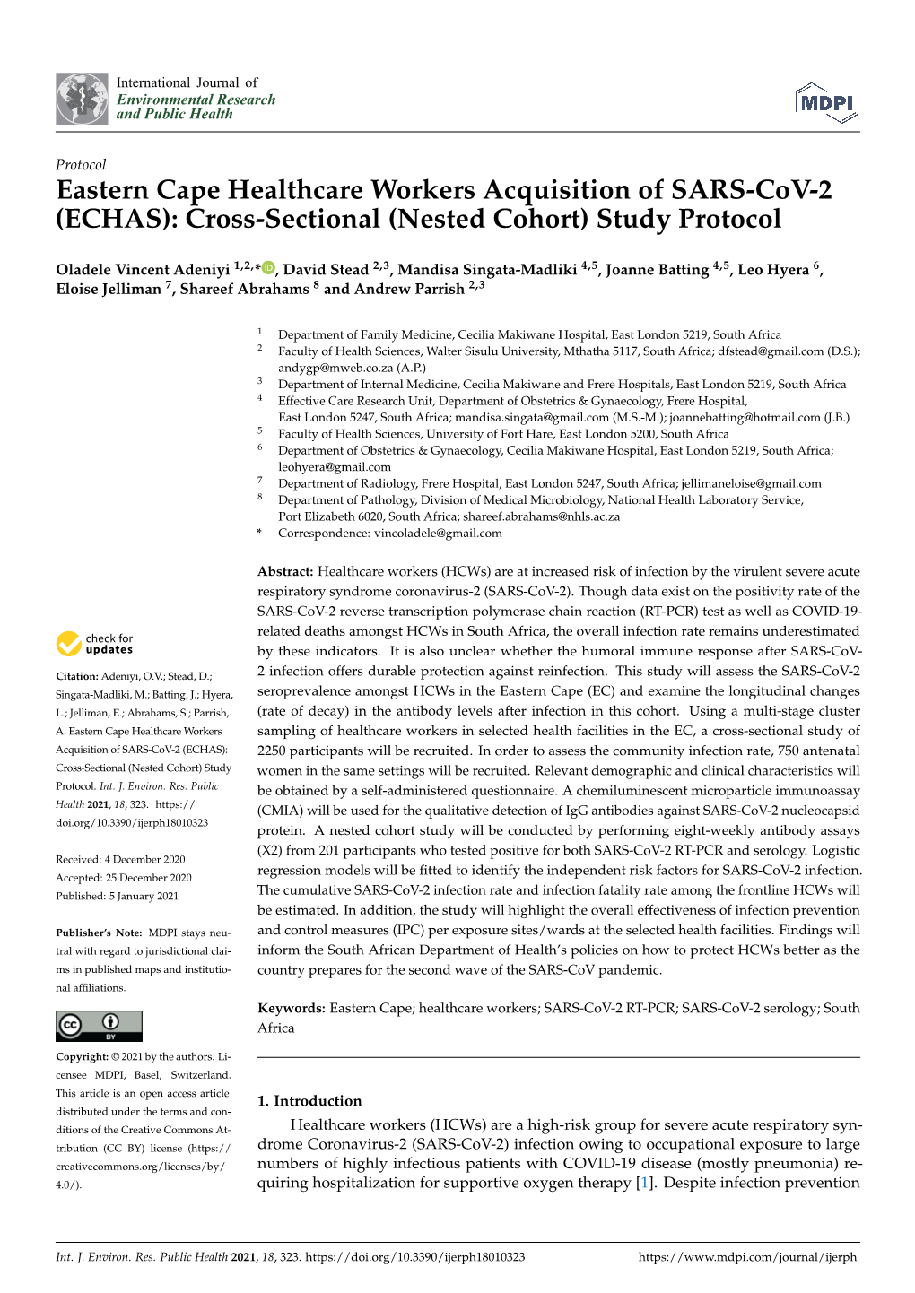 Eastern Cape Healthcare Workers Acquisition of SARS-Cov-2 (ECHAS): Cross-Sectional (Nested Cohort) Study Protocol