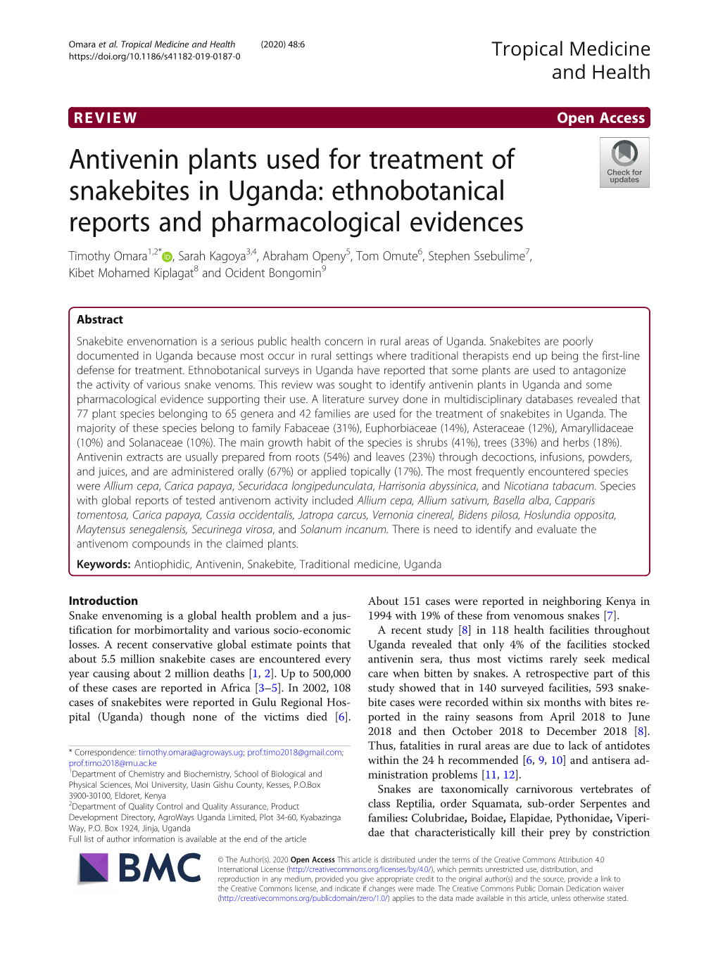 Antivenin Plants Used for Treatment of Snakebites in Uganda