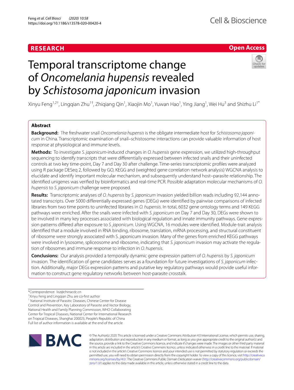 Temporal Transcriptome Change of Oncomelania