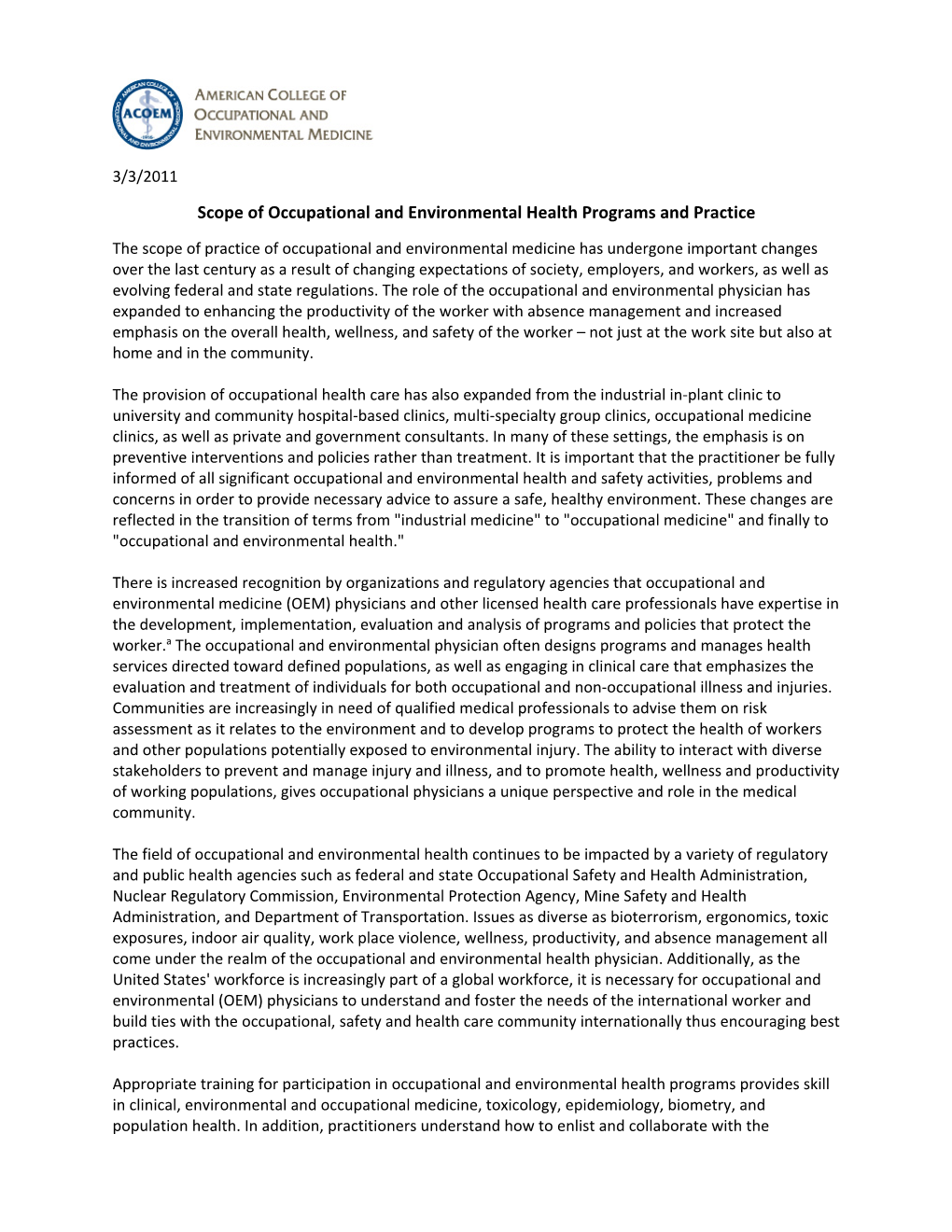 Scope of Occupational and Environmental Health Programs and Practice