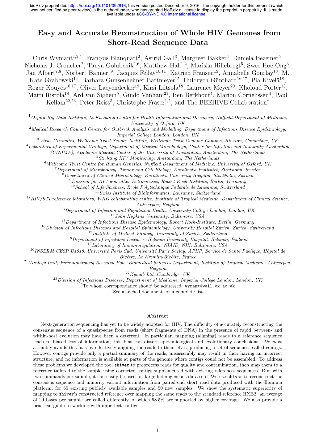 Easy and Accurate Reconstruction of Whole HIV Genomes from Short-Read Sequence Data