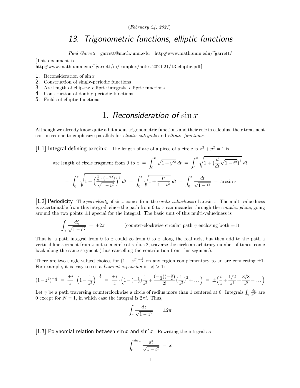 13. Trigonometric Functions, Elliptic Functions 1. Reconsideration of Sinx