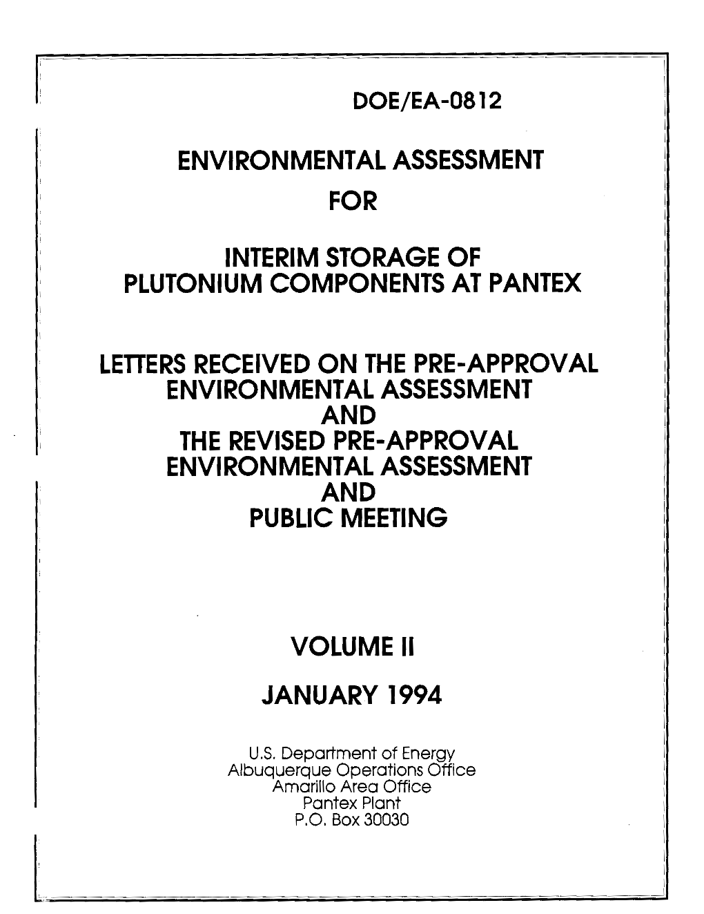 Environmental Assessment for Interim Storage Of