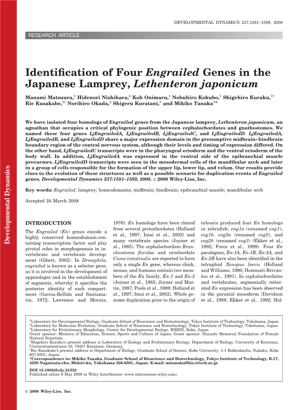 Identification of Four Engrailed Genes in the Japanese Lamprey