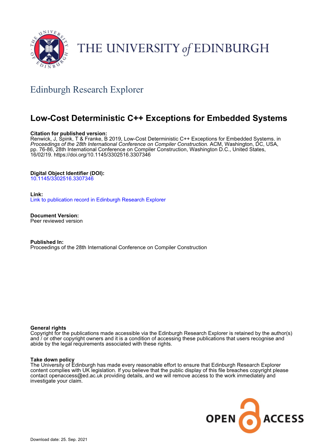 Low-Cost Deterministic C++ Exceptions for Embedded Systems