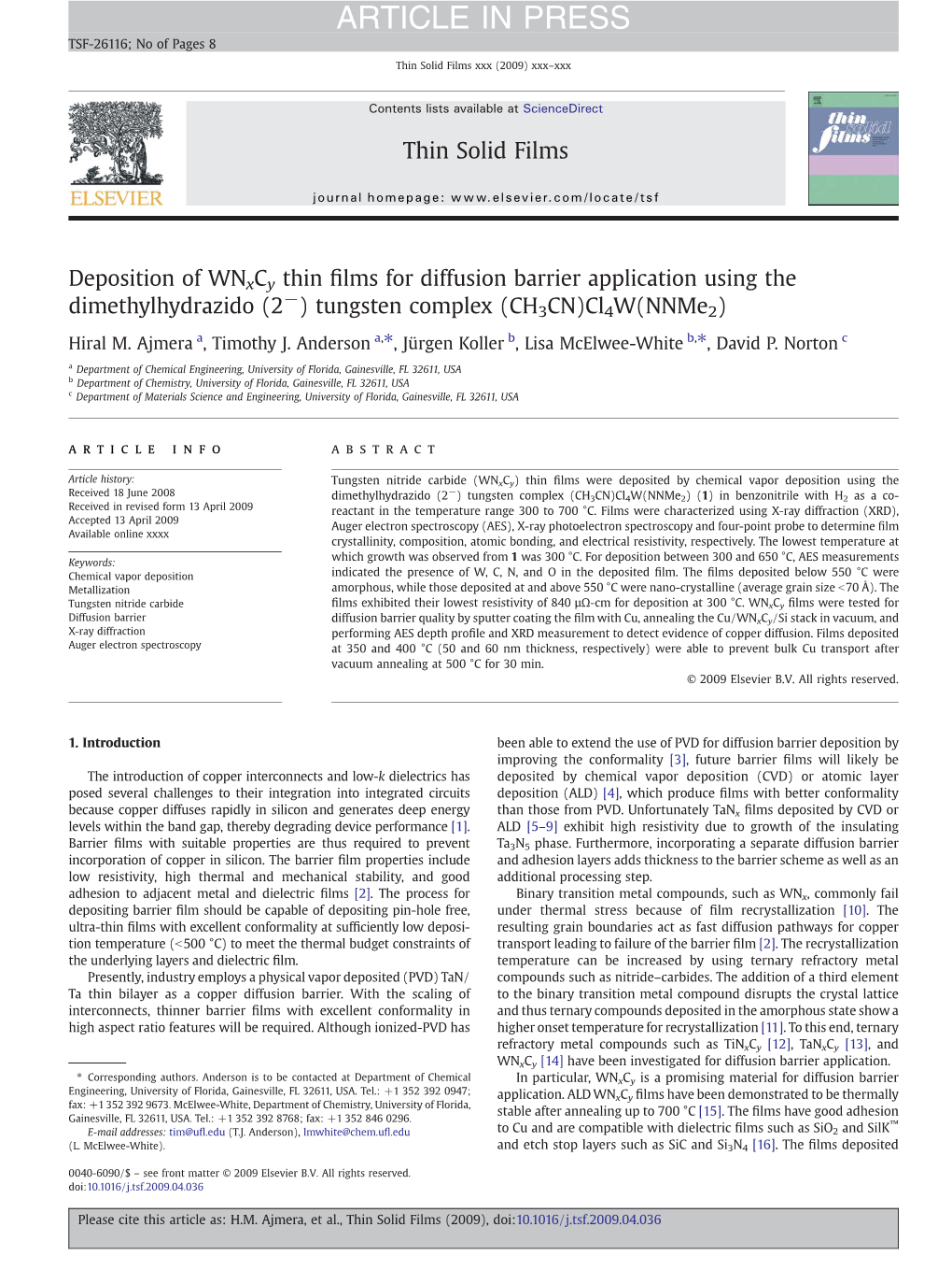 Deposition of Wnxcy Thin Films for Diffusion Barrier Application Using