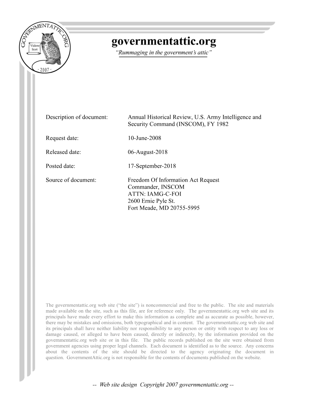 Annual Historical Review Us Army Intelligence and Security Command Fiscal Year 1982