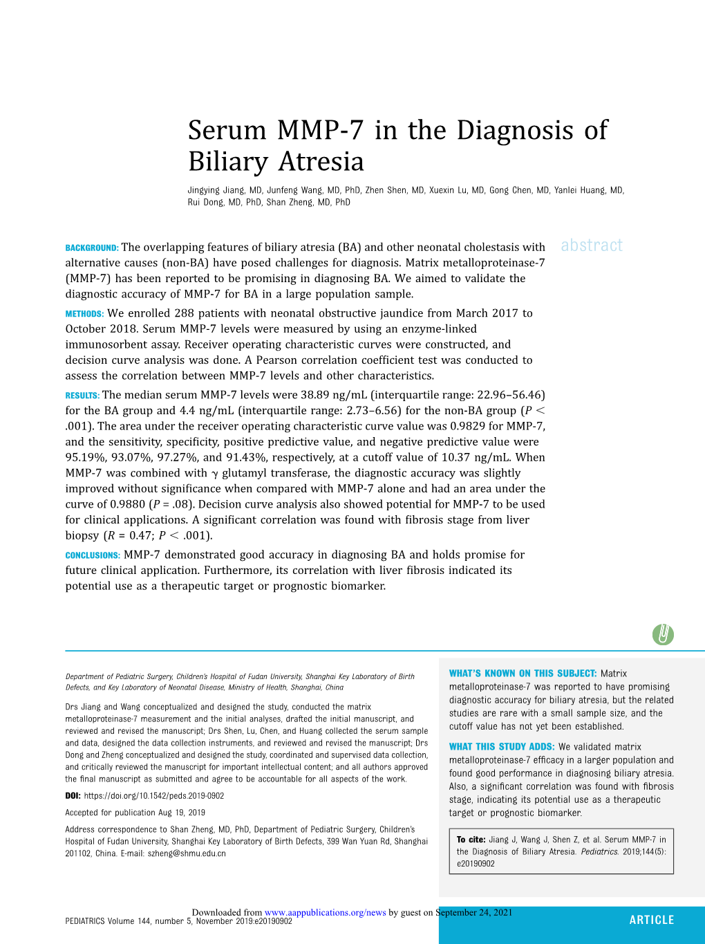 Serum MMP-7 in the Diagnosis of Biliary Atresia
