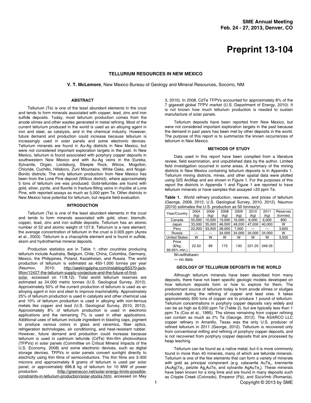 Tellurium in New Mexico