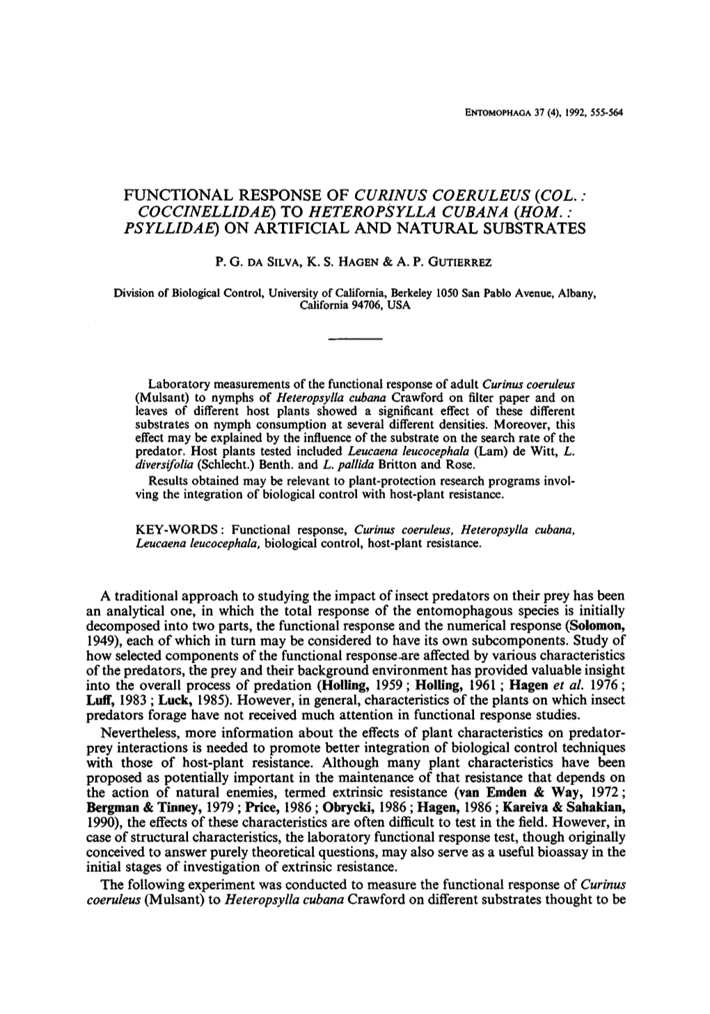 Functional Response of &lt;Emphasis Type="Italic"&gt;Curinus Coeruleus