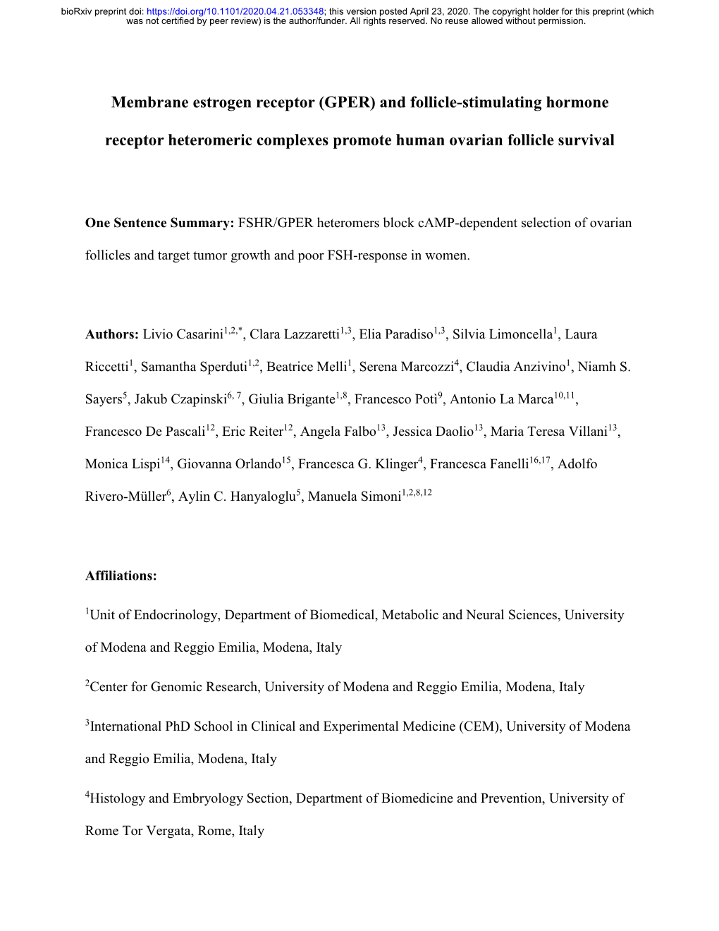 Membrane Estrogen Receptor (GPER) and Follicle-Stimulating Hormone