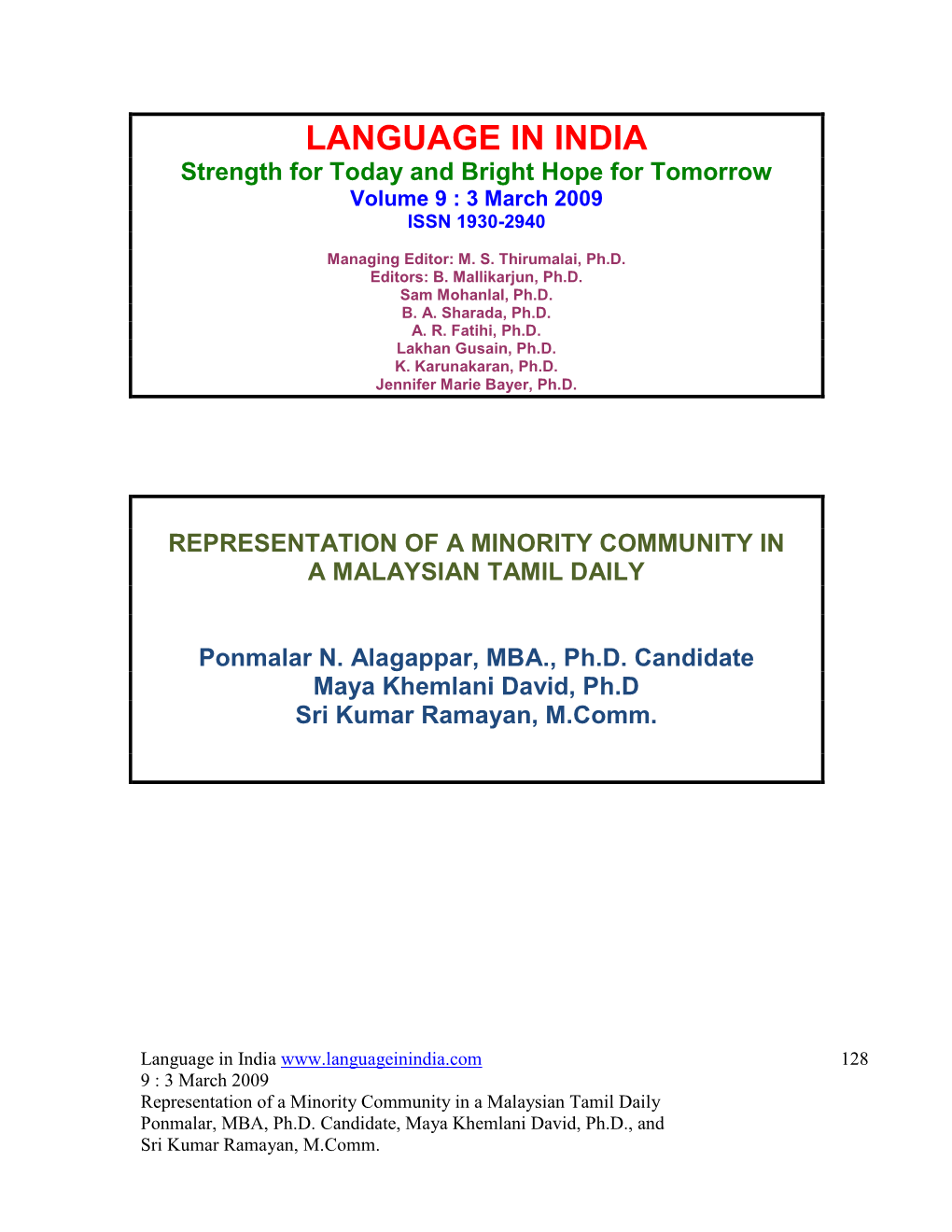 Representation of a Minority Community in a Malaysian Tamil Daily