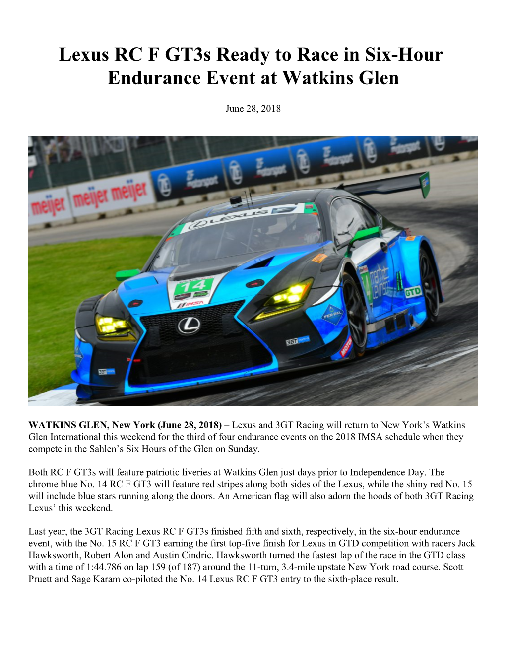 Lexus RC F Gt3s Ready to Race in Six-Hour Endurance Event at Watkins Glen