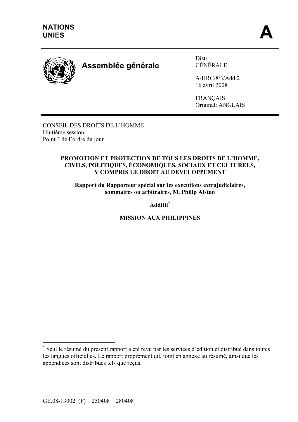 Assemblée Générale GÉNÉRALE A/HRC/8/3/Add.2 16 Avril 2008