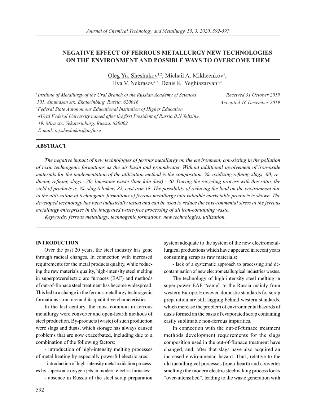 Journal of Chemical Technology and Metallurgy, 55, 3, 2020