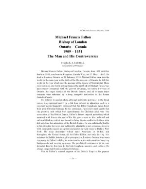 Michael Francis Fallon Bishop of London Ontario – Canada 1909 – 1931 the Man and His Controversies