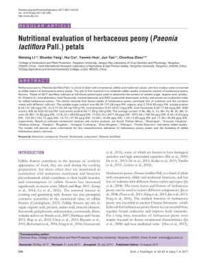 Nutritional Evaluation of Herbaceous Peony (Paeonia Lactiflora Pall.) Petals