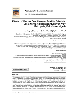 Effects of Weather Conditions on Satellite Television Cable Network Reception Quality in Warri Metropolis, Delta State, Nigeria