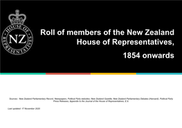 Roll of Members of the New Zealand House of Representatives, 1854 Onwards