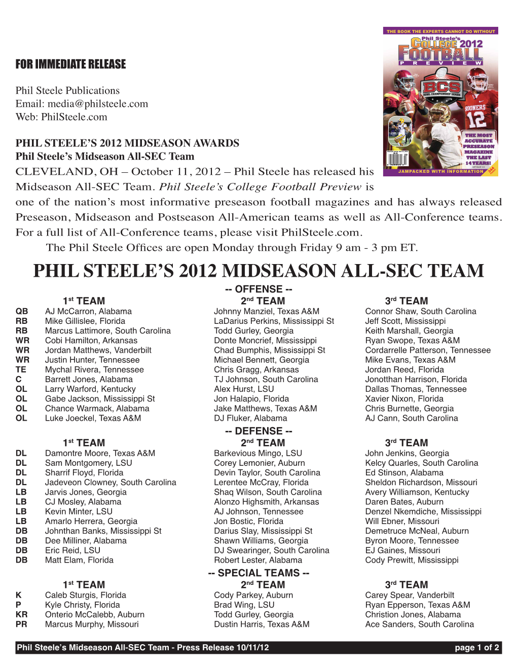 Phil Steele's 2012 Midseason All-Sec Team