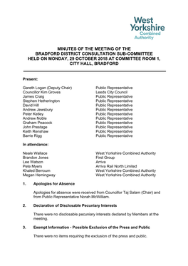 Minutes of the Meeting of the Bradford District Consultation Sub-Committee Held on Monday, 29 October 2018 at Committee Room 1, City Hall, Bradford