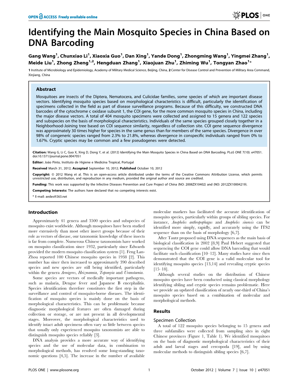 Identifying the Main Mosquito Species in China Based on DNA Barcoding