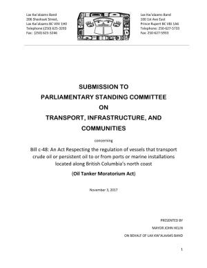 Submission to Parliamentary Standing Committee on Transport, Infrastructure, and Communities