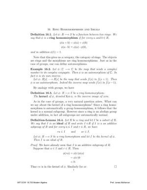 Ring Homomorphisms and Ideals Deﬁnition 16.1