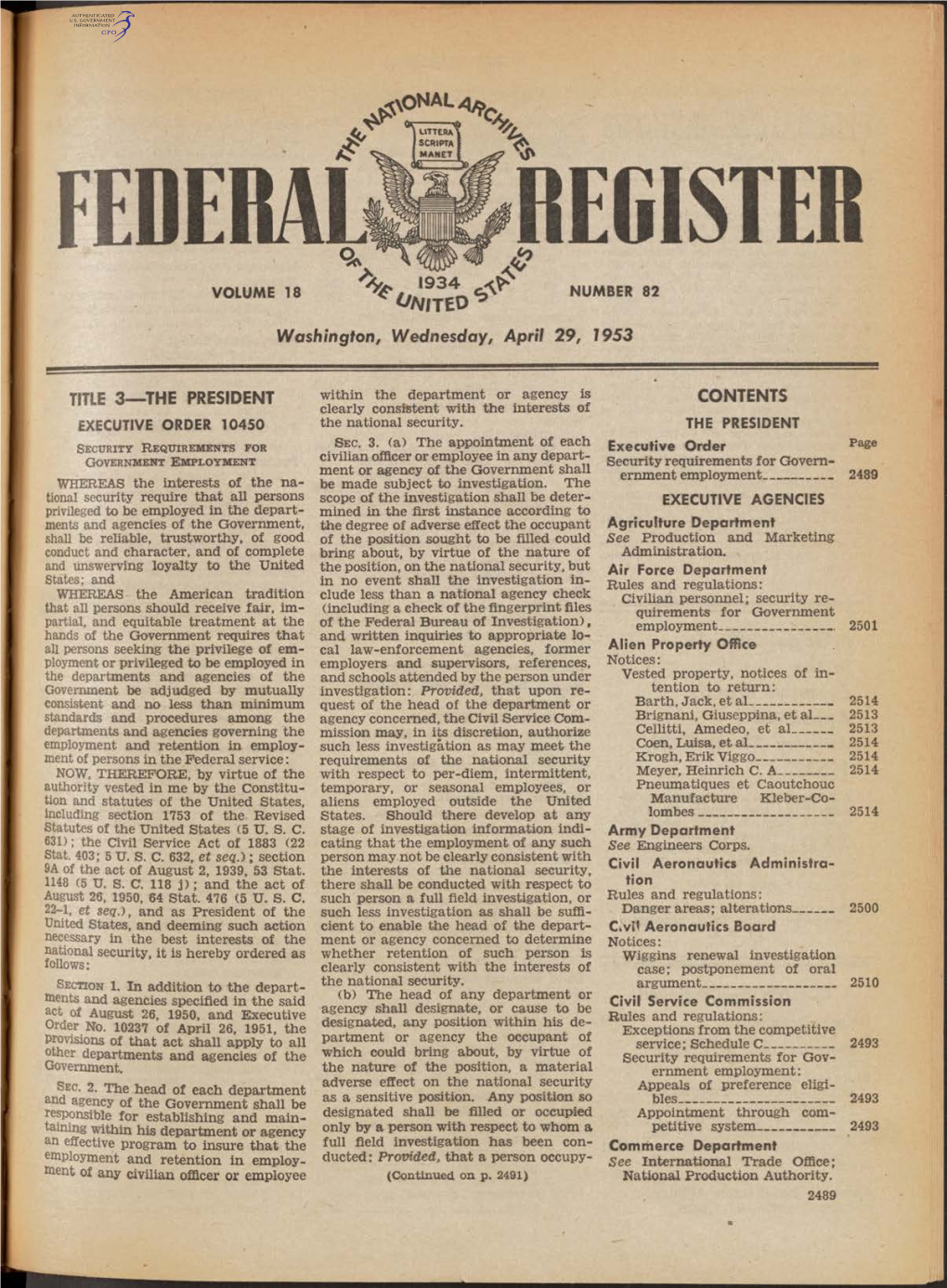 Washington, Wednesday, April 29, 1953 TITLE 3—THE PRESIDENT