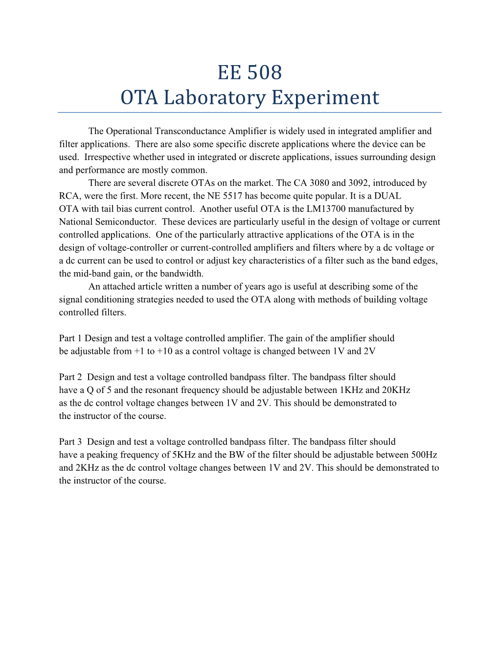 EE 508 OTA Laboratory Experiment