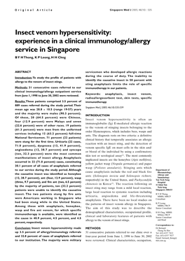 Insect Venom Hypersensitivity: Experience in a Clinical Immunology/Allergy Service in Singapore B Y H Thong, K P Leong, H H Chng