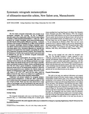 Systematic Retrograde Metamorphism of Sillimanite-Staurolite Schists, New Salem Area, Massachusetts
