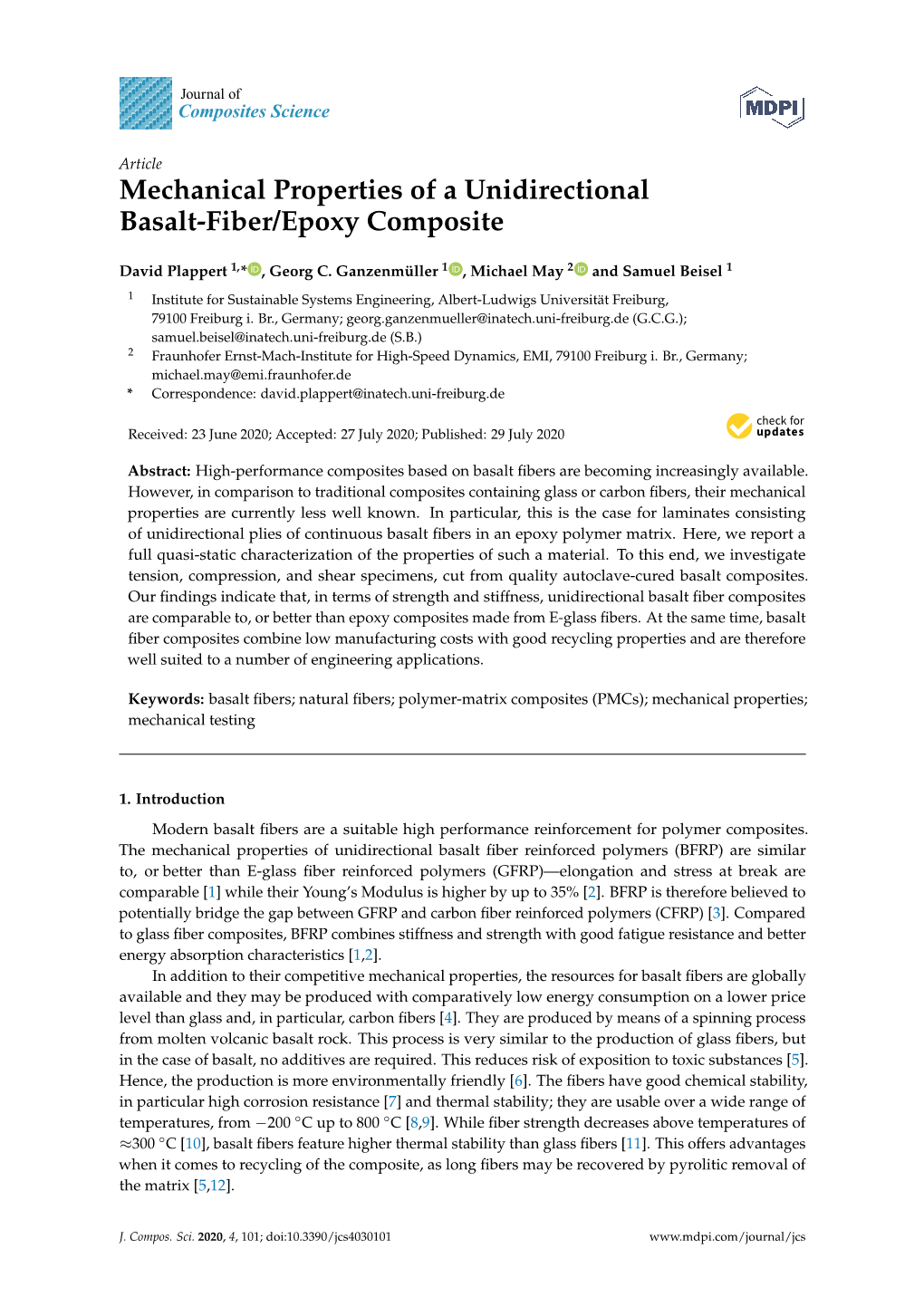 Mechanical Properties of a Unidirectional Basalt-Fiber/Epoxy Composite