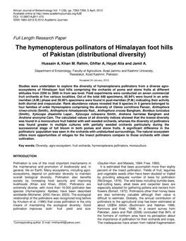 The Hymenopterous Pollinators of Himalayan Foot Hills of Pakistan (Distributional Diversity)