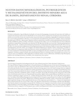 Nuevos Datos Mineralógicos, Petrográficos Y Metalogenéticos Del Distrito Minero Agua De Ramón, Departamento Minas, Córdoba
