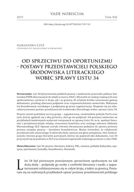 Postawy Przedstawicieli Polskiego Środowisk a Liter Ackiego Wobec Spr Awy Listu 34