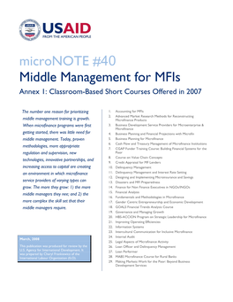Micronote #40 Middle Management for Mfis Annex 1: Classroom-Based Short Courses Offered in 2007