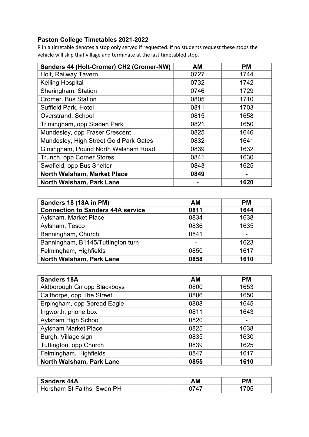 Paston College Timetables 2021-2022 R in a Timetable Denotes a Stop Only Served If Requested