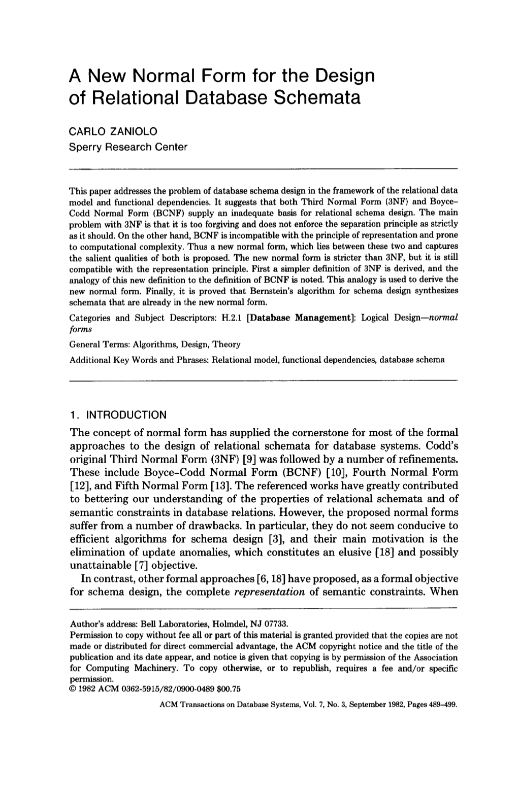 A New Normal Form for the Design of Relational Database Schemata