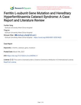 Ferritin L-Subunit Gene Mutation and Hereditary Hyperferritinaemia Cataract Syndrome: a Case Report and Literature Review