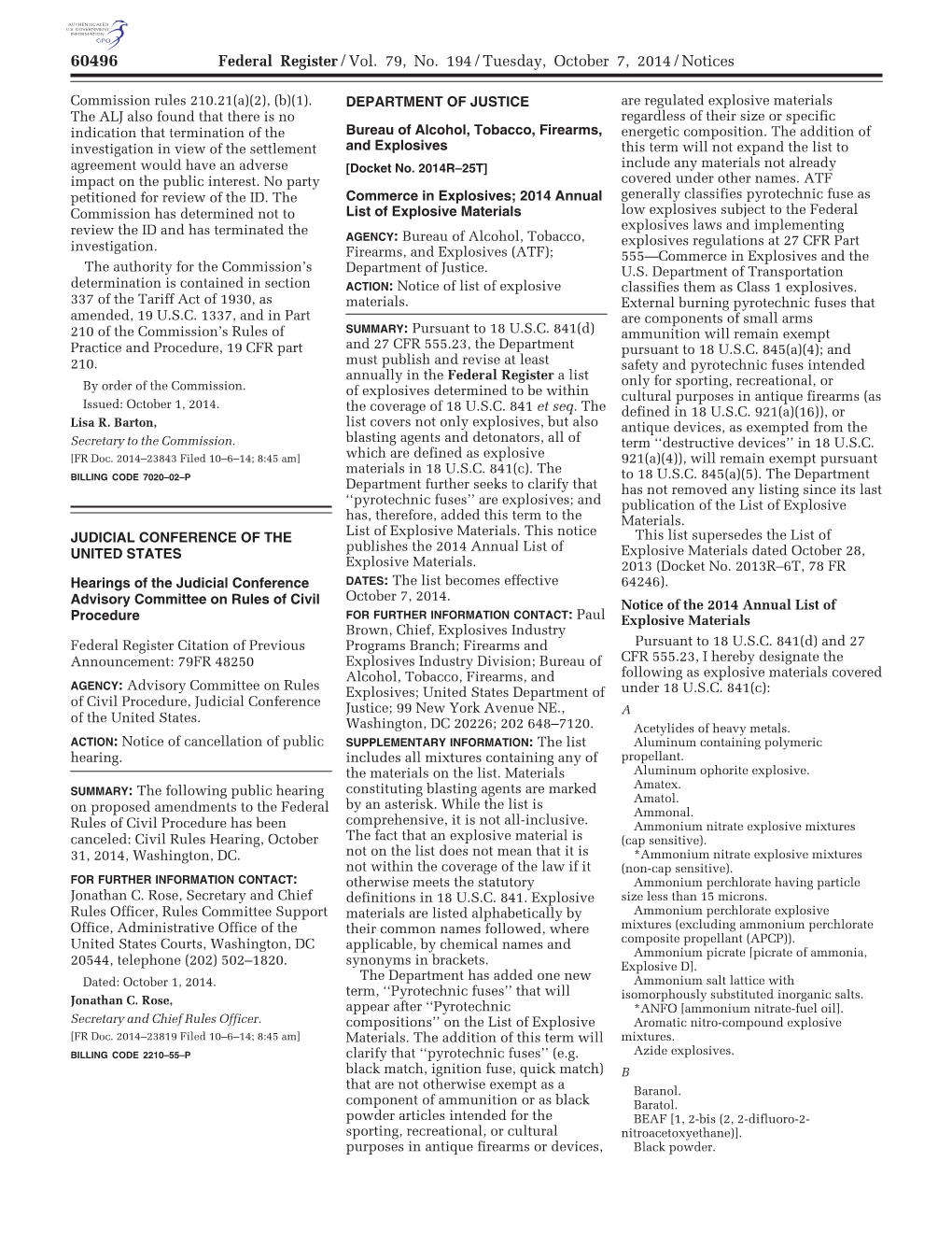 Federal Register/Vol. 79, No. 194/Tuesday, October 7, 2014