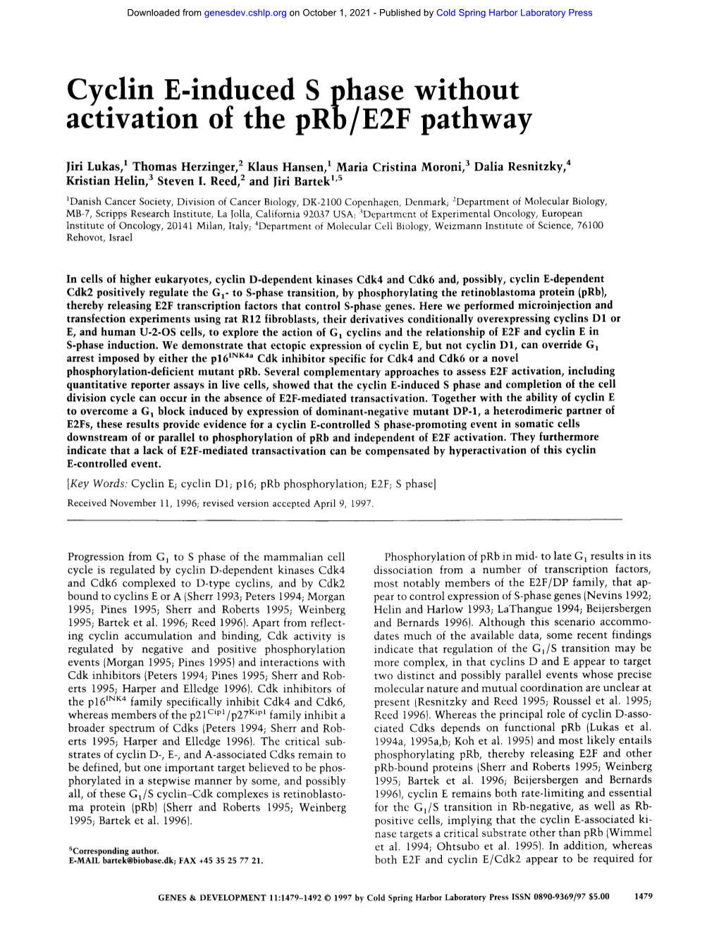 Cyclin E-Induced S Phase Without Activation of the Prb/E2F Pathway