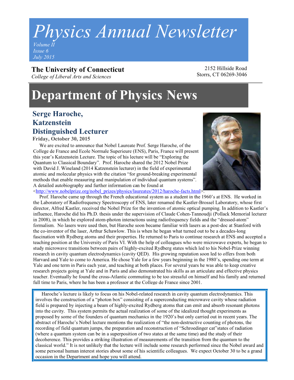 Physics Annual Newsletter Volume II Issue 6 July 2015