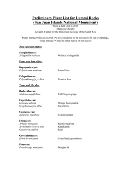 Preliminary Plant List for Lummi Rocks (San Juan Islands National