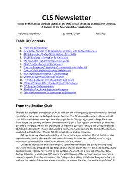 CLS Newsletter Issued by the College Libraries Section of the Association of College and Research Libraries, a Division of the American Library Association