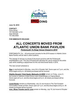 ALL CONCERTS MOVED from ATLANTIC UNION BANK PAVILION Portsmouth to Keep Venue Closed in 2019