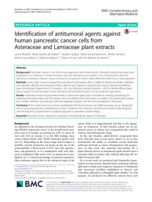 Identification of Antitumoral Agents Against Human Pancreatic Cancer Cells from Asteraceae and Lamiaceae Plant Extracts