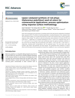 Lipase-Catalyzed Synthesis of Red Pitaya (Hylocereus Polyrhizus)