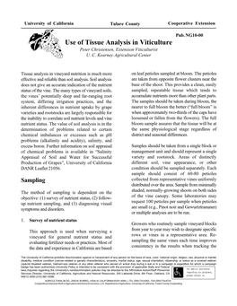Use of Tissue Analysis in Viticulture Peter Christensen, Extension Viticulturist U